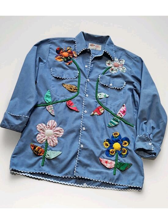 Dickies Tops - Dickies Women’s Blue Chambray Work Shirt Floral Applique 16 1/2 34/35